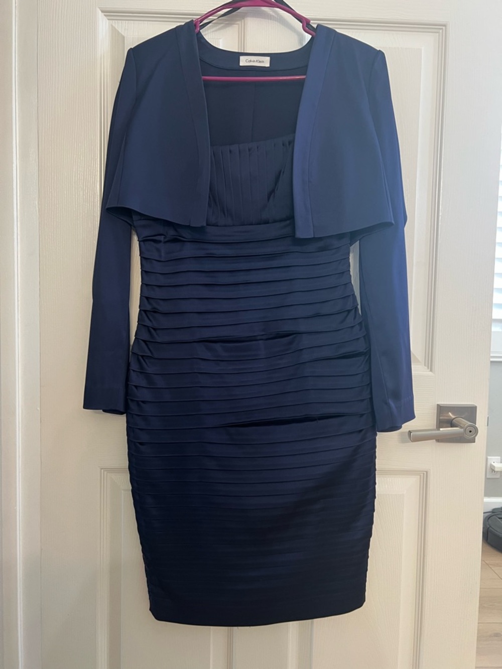 Calvin Klein Dark Navy Long Sleeve Pleated Sheath Dress with Bolero
